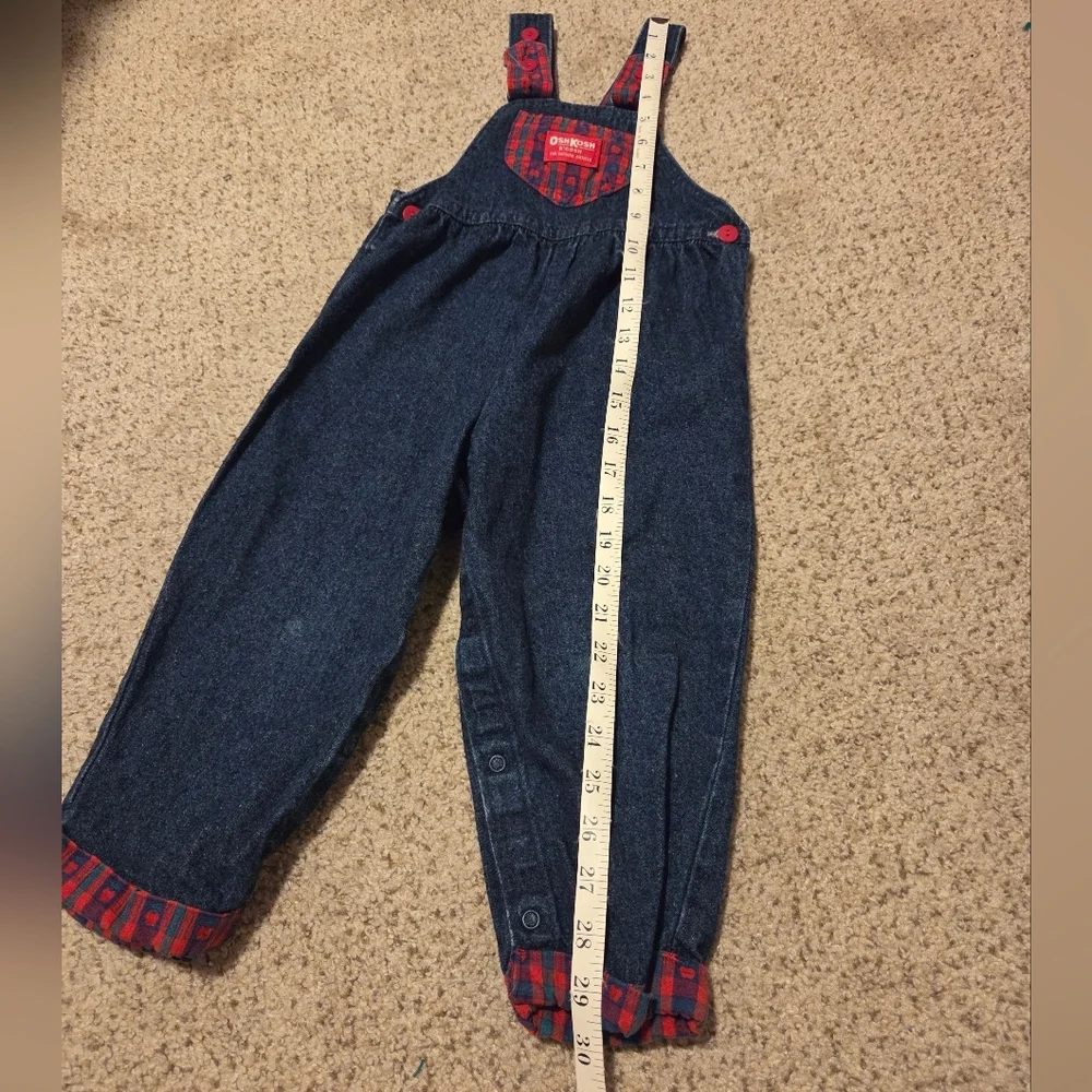 Vintage‎ Oshkosh B'gosh Denim Overalls Red Plaid Apple Print Bow USA Girls 3T